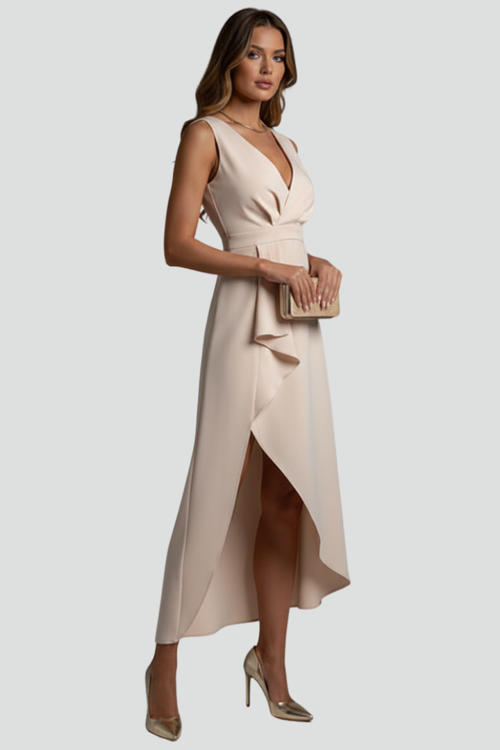 Olive | Women's Dress with V-Neck and Asymmetrical Hem