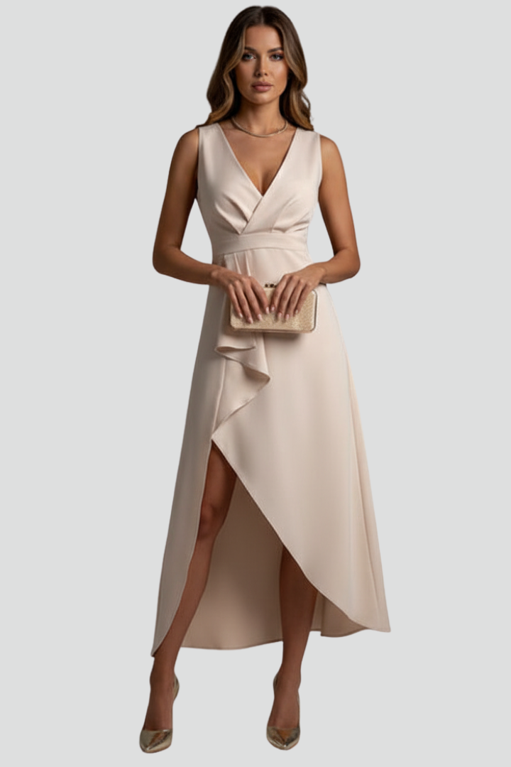 Olive | Women's Dress with V-Neck and Asymmetrical Hem