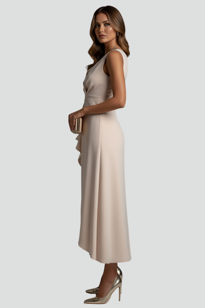 Olive | Women's Dress with V-Neck and Asymmetrical Hem