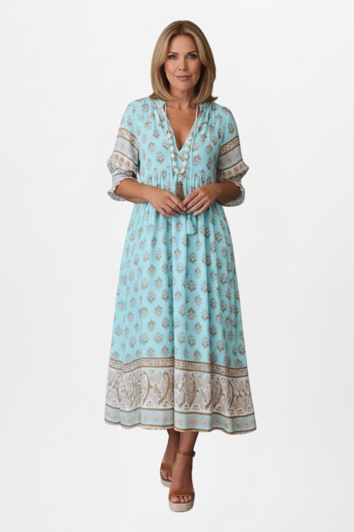 Quilla | Women's Dress with V-Neck and Patterned Surface