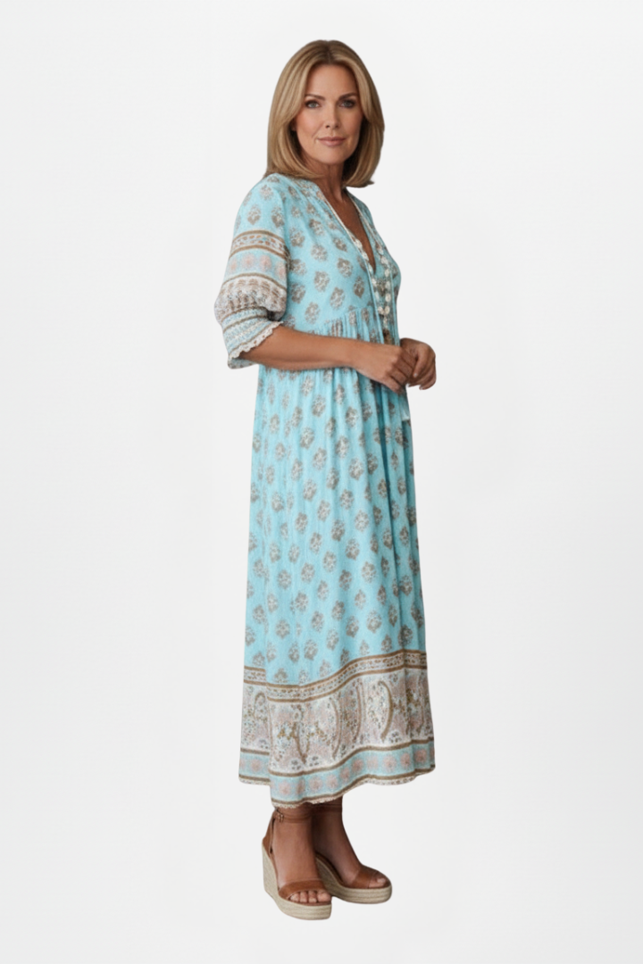Quilla | Women's Dress with V-Neck and Patterned Surface