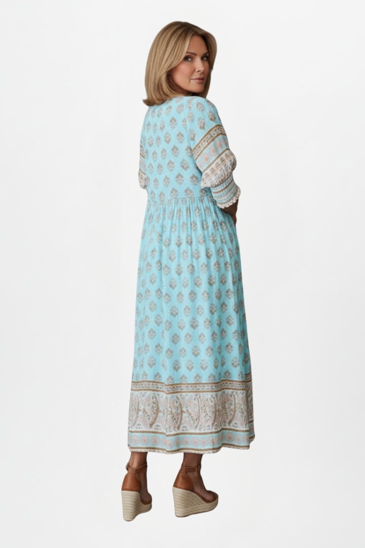Quilla | Women's Dress with V-Neck and Patterned Surface