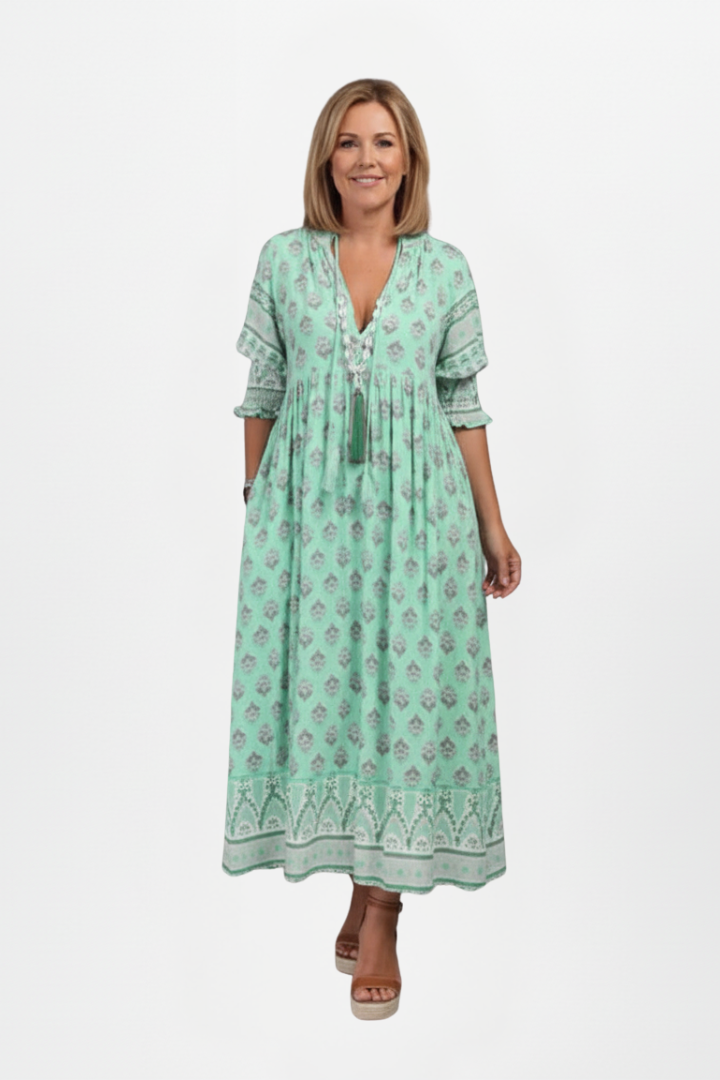 Quilla | Women's Dress with V-Neck and Patterned Surface
