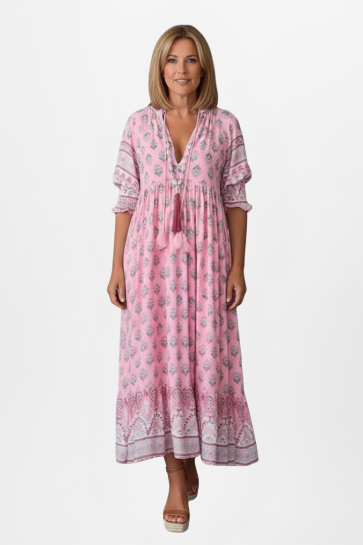 Quilla | Women's Dress with V-Neck and Patterned Surface