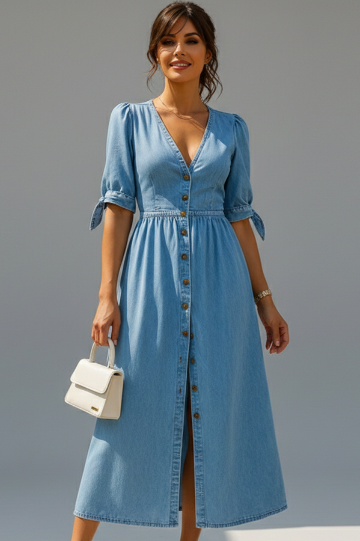 Renata | Women's Dress with V-Neckline and Button Placket
