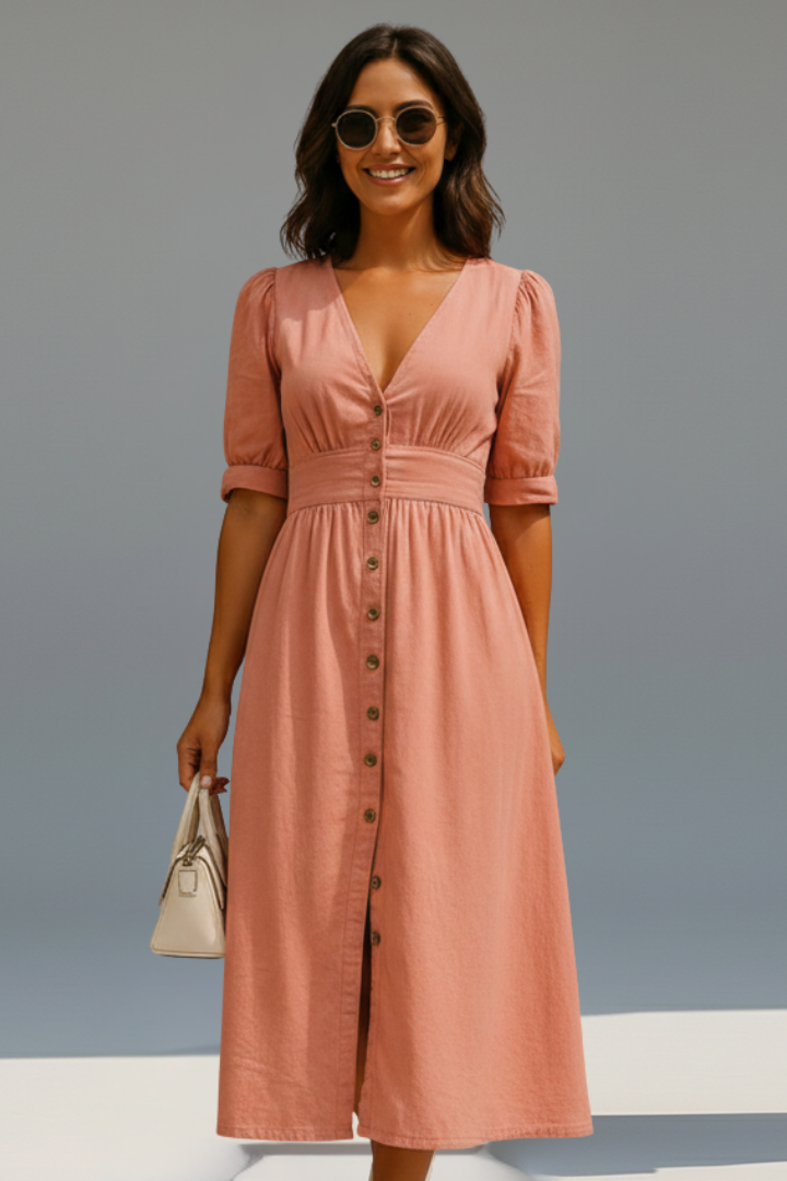 Renata | Women's Dress with V-Neckline and Button Placket