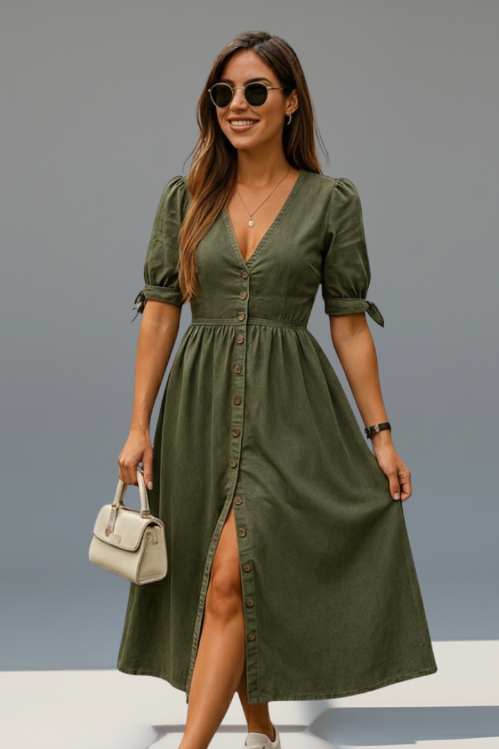 Renata | Women's Dress with V-Neckline and Button Placket