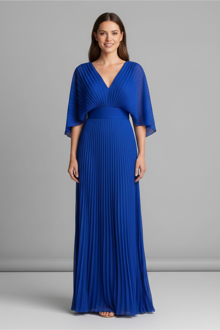 Sigrid | Women's Dress with V-Neckline and Pleated Maxi Skirt