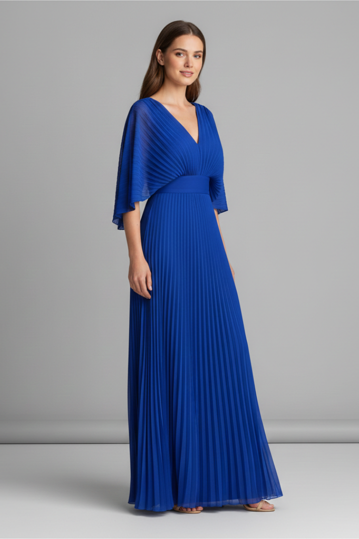 Sigrid | Women's Dress with V-Neckline and Pleated Maxi Skirt