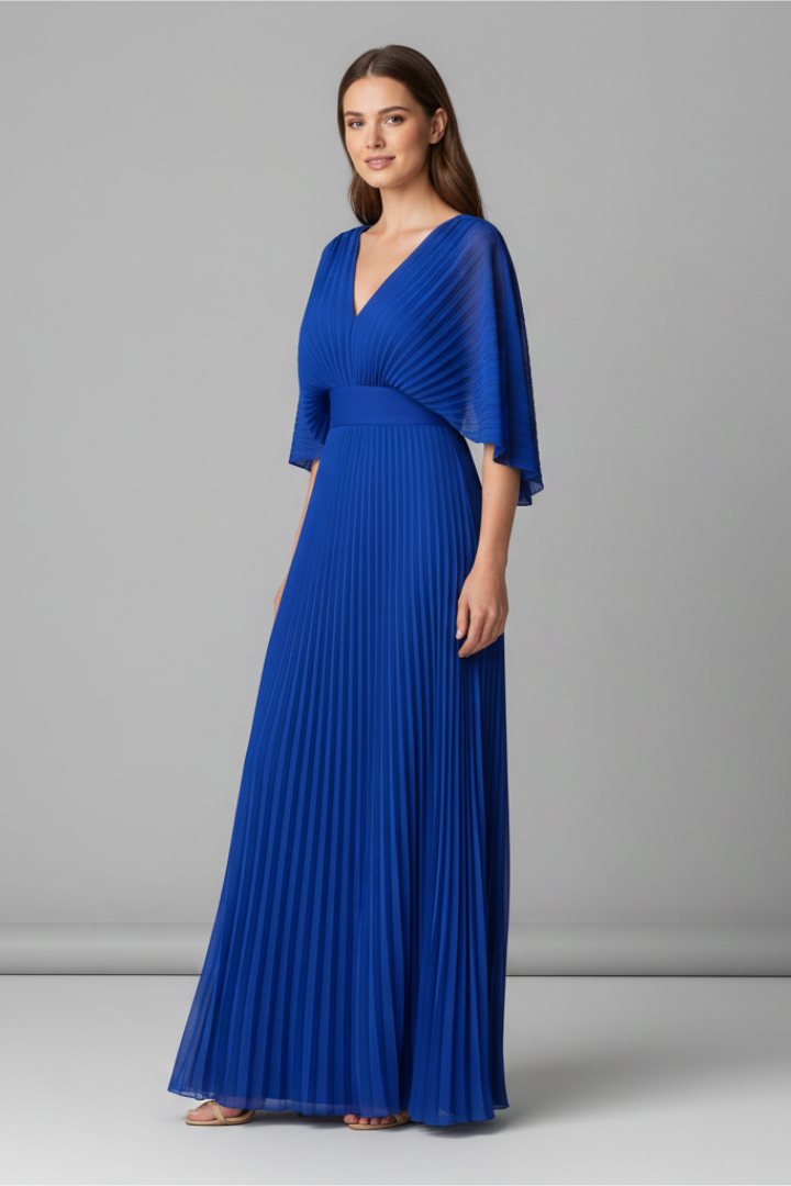 Sigrid | Women's Dress with V-Neckline and Pleated Maxi Skirt