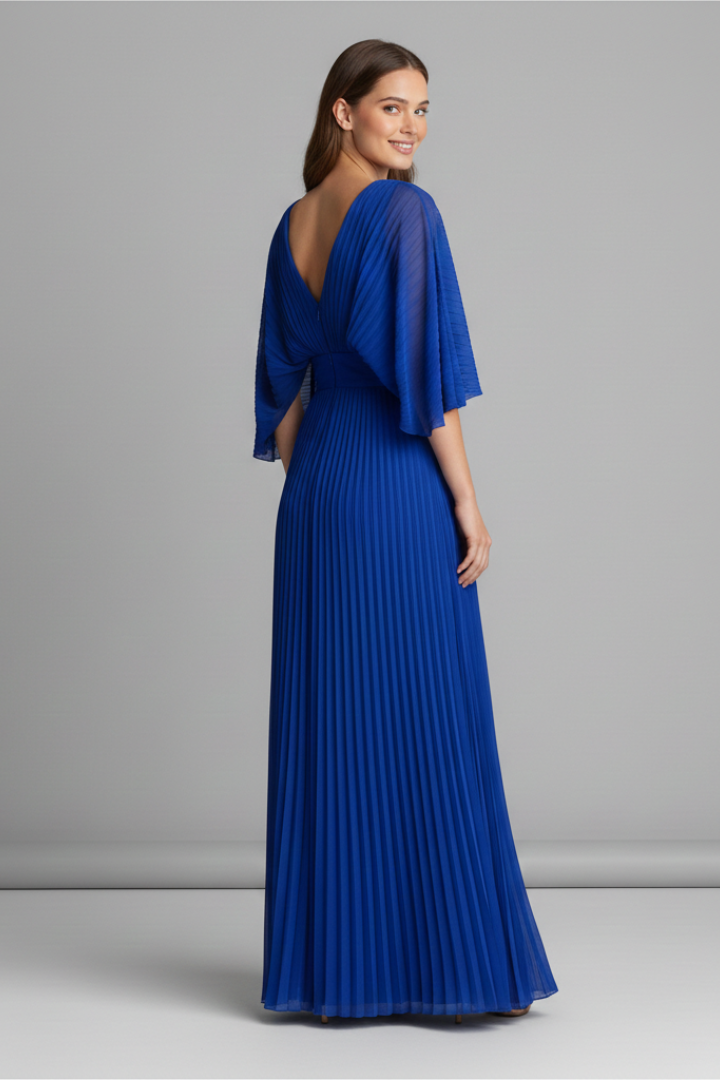 Sigrid | Women's Dress with V-Neckline and Pleated Maxi Skirt