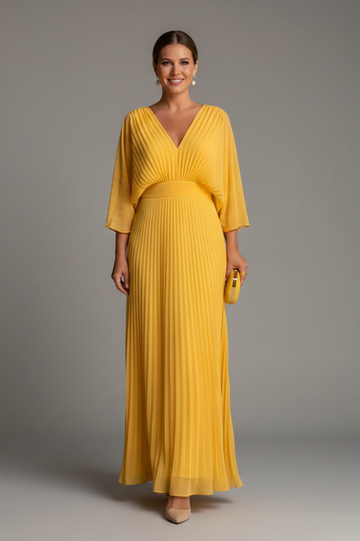 Sigrid | Women's Dress with V-Neckline and Pleated Maxi Skirt