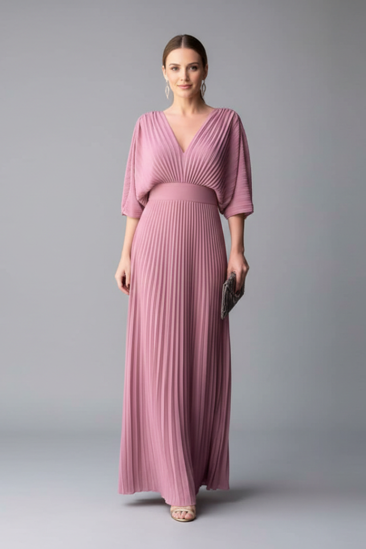 Sigrid | Women's Dress with V-Neckline and Pleated Maxi Skirt
