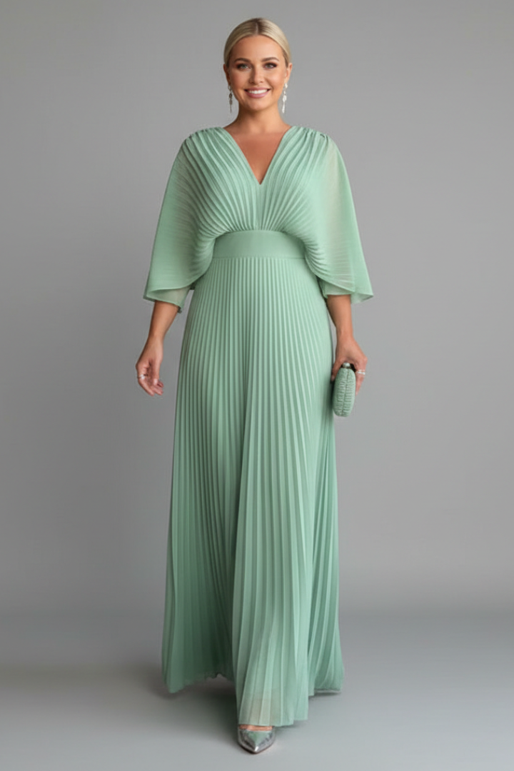 Sigrid | Women's Dress with V-Neckline and Pleated Maxi Skirt