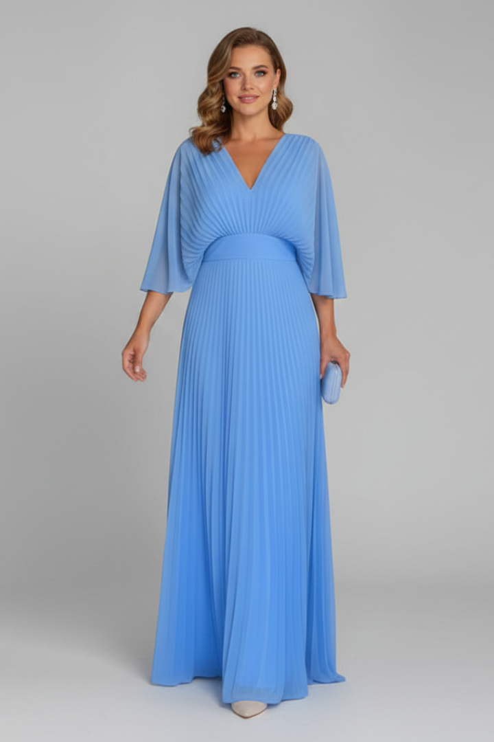 Sigrid | Women's Dress with V-Neckline and Pleated Maxi Skirt