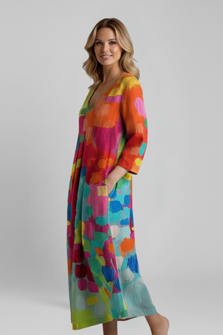 Primrose | Women's Dress with V Neckline and Printed Surface