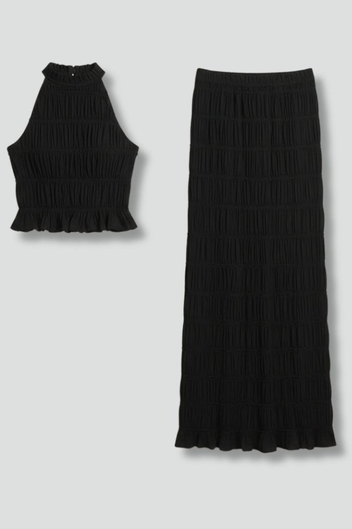 Fontaine | Women's Halter Top and Maxi Skirt with Tie Back and Tiered Hem