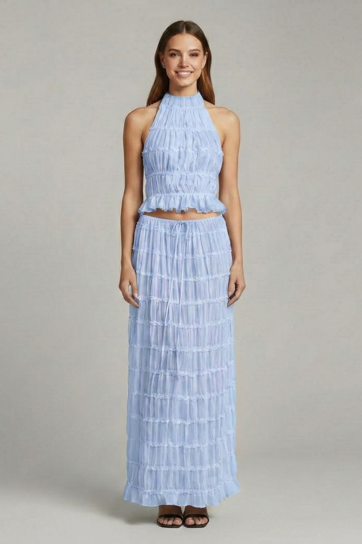 Fontaine | Women's Halter Top and Maxi Skirt with Tie Back and Tiered Hem