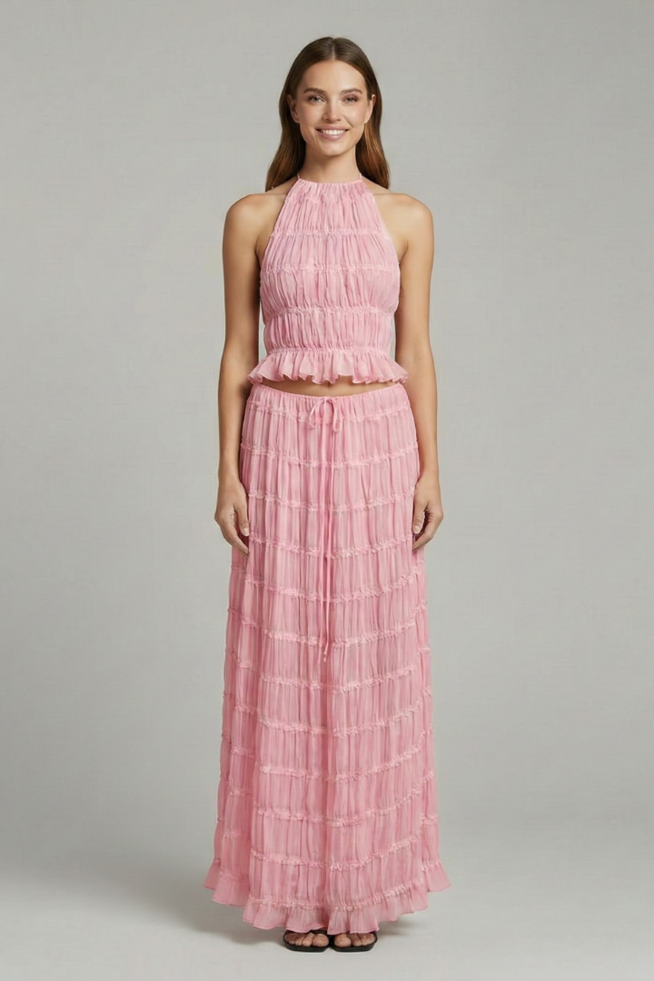 Fontaine | Women's Halter Top and Maxi Skirt with Tie Back and Tiered Hem