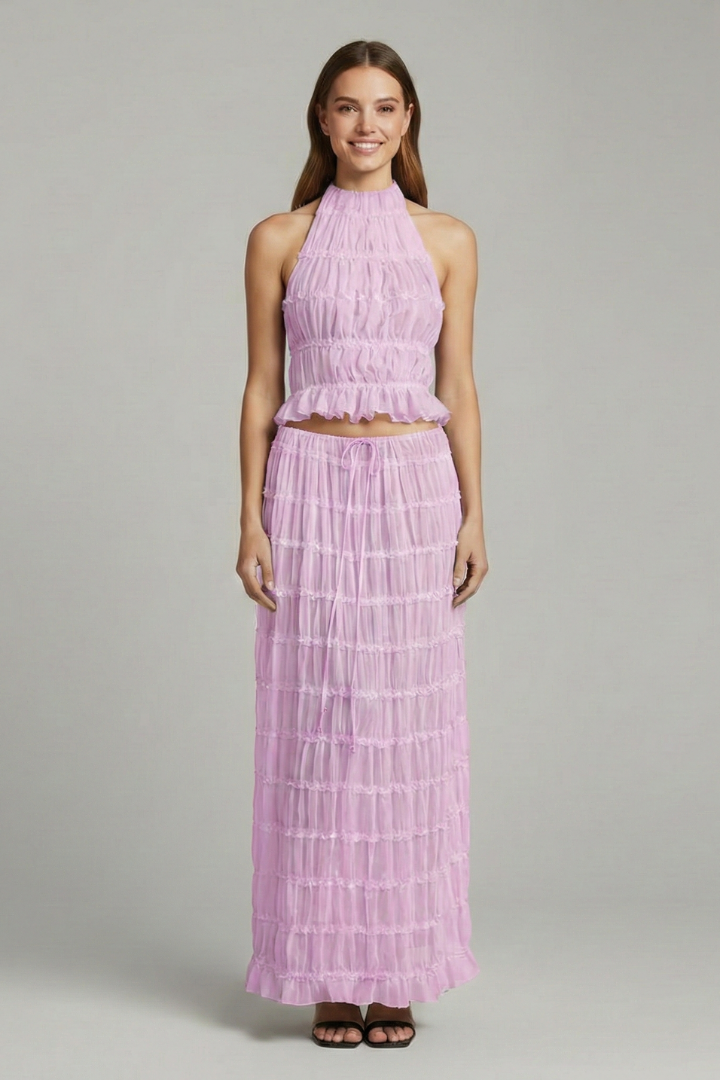 Fontaine | Women's Halter Top and Maxi Skirt with Tie Back and Tiered Hem
