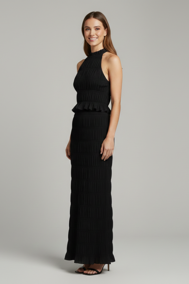Fontaine | Women's Halter Top and Maxi Skirt with Tie Back and Tiered Hem