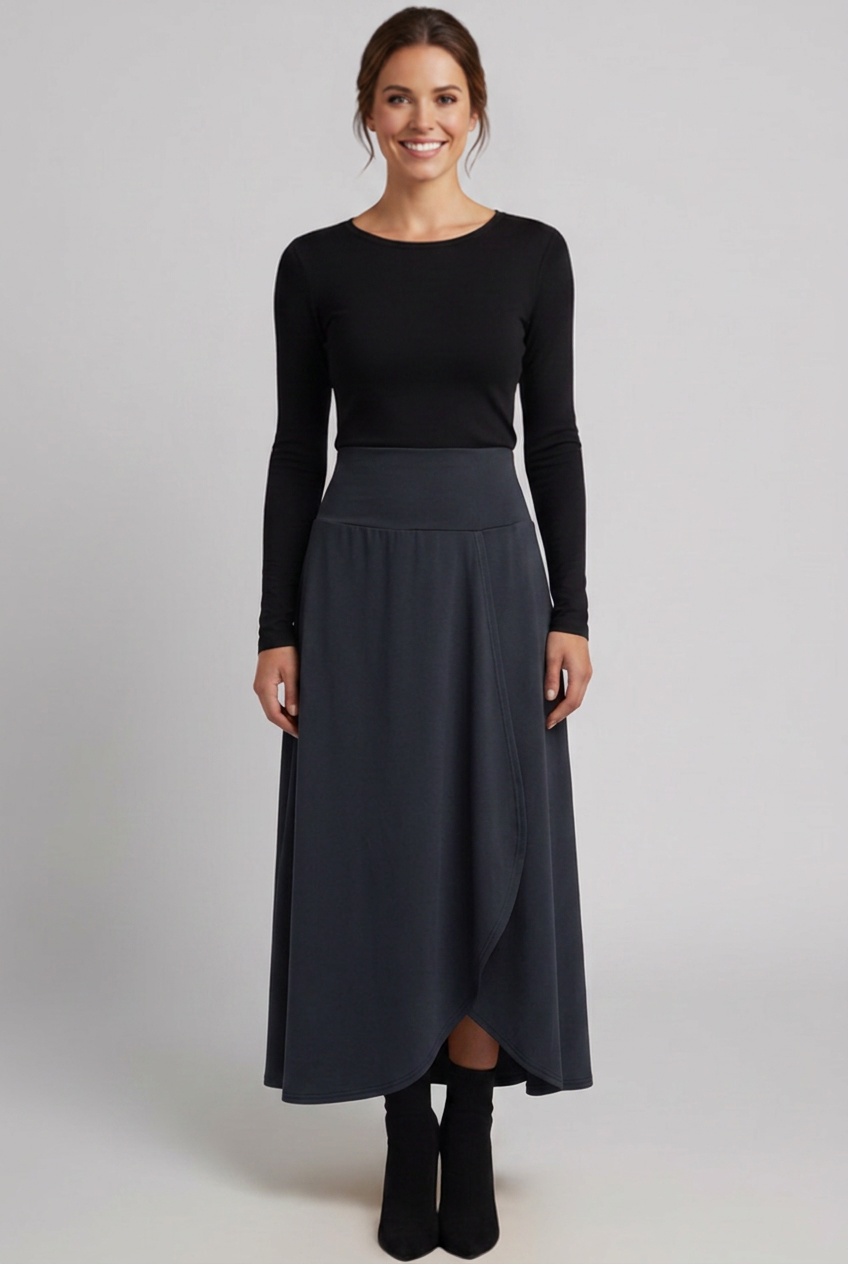 Eudora | Women's High-Waist Maxi Skirt with Wrap Front and Curved Hem