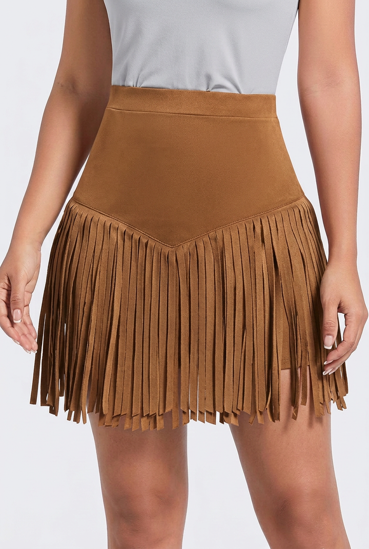 Flora | Women's High-Waisted Mini Skirt with V-Shaped Fringe Hem