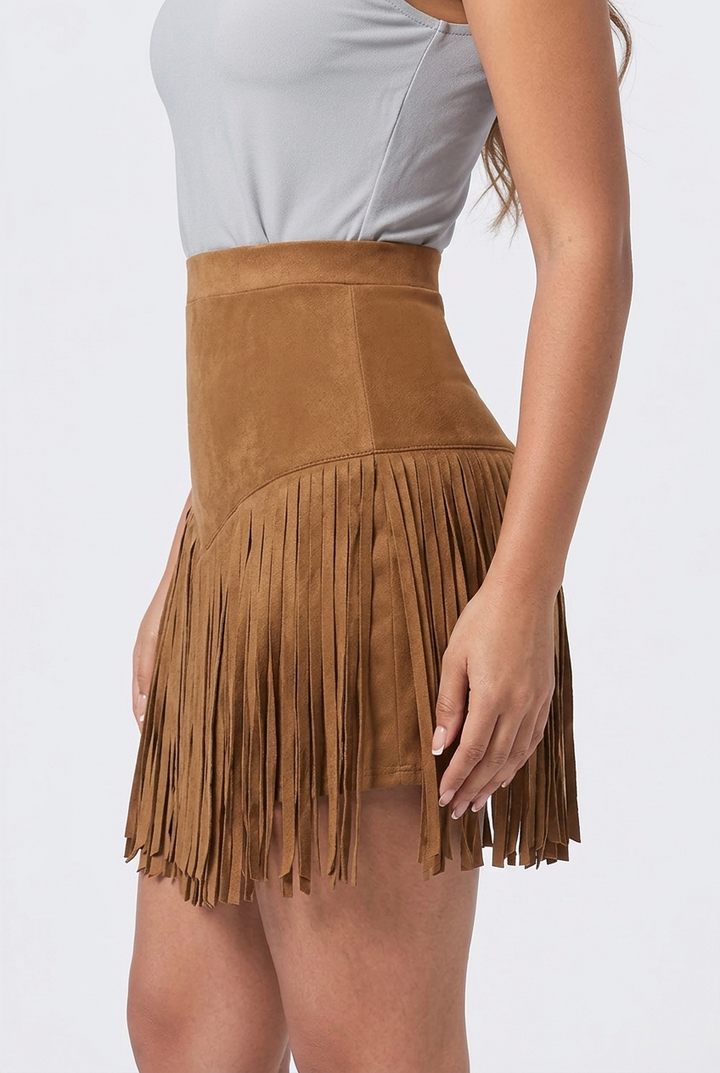 Flora | Women's High-Waisted Mini Skirt with V-Shaped Fringe Hem