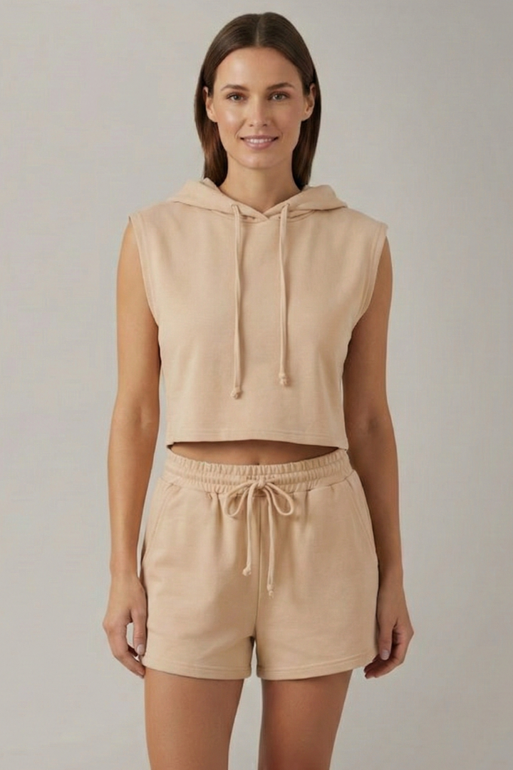Sybilla | Women’s Hooded Top and Shorts Set with Sleeveless Cut and Elastic Waist