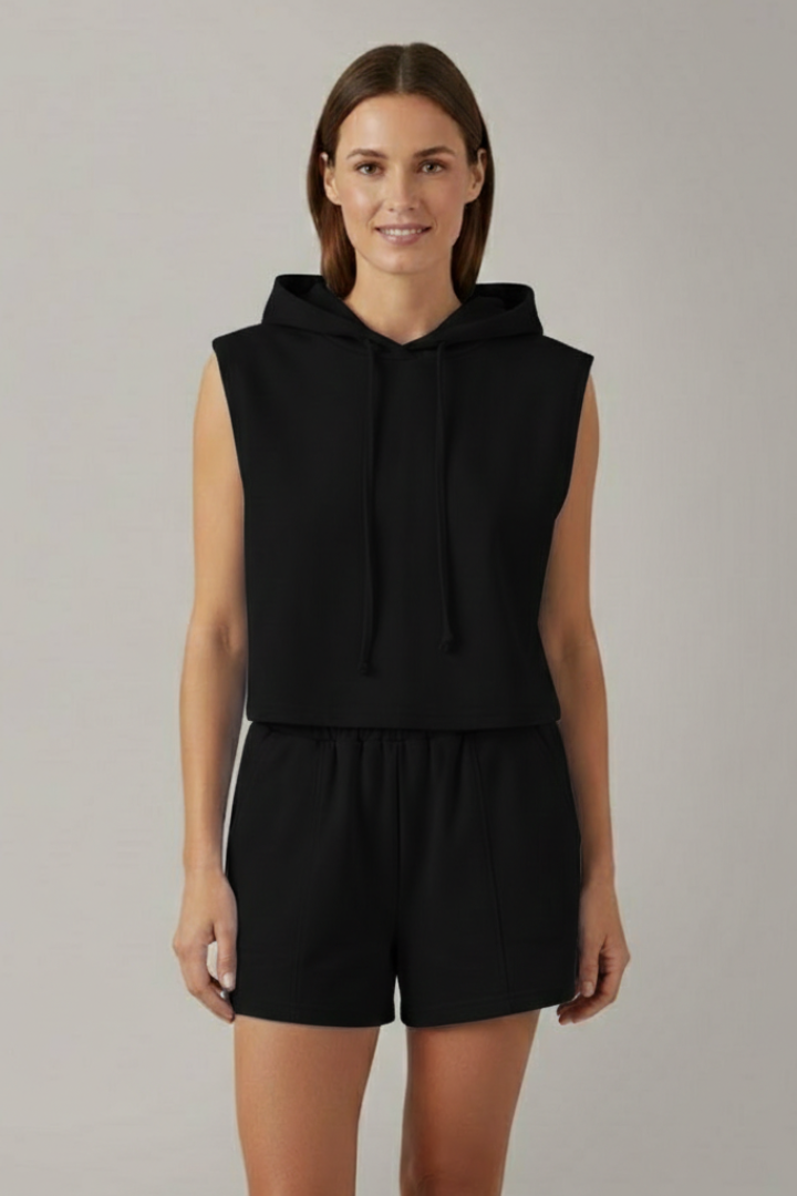 Sybilla | Women’s Hooded Top and Shorts Set with Sleeveless Cut and Elastic Waist