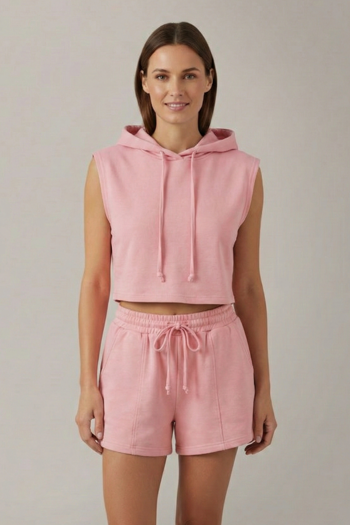 Hazel | Women's Hooded Top and Shorts Set with Sleeveless Cut and Elastic Waist