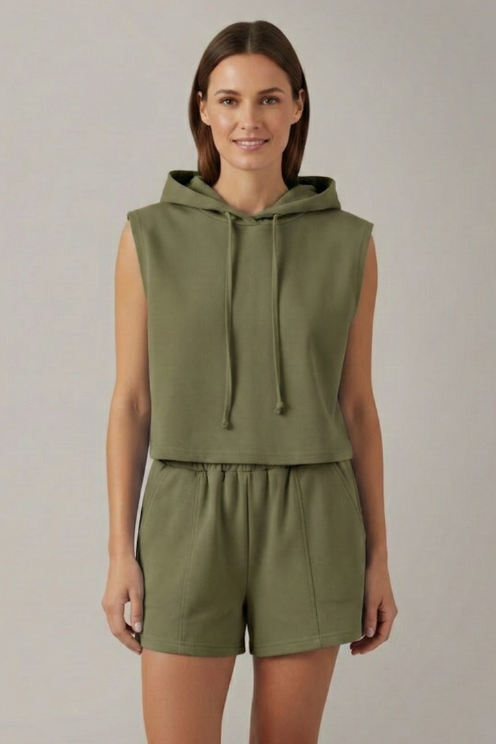 Hazel | Women's Hooded Top and Shorts Set with Sleeveless Cut and Elastic Waist