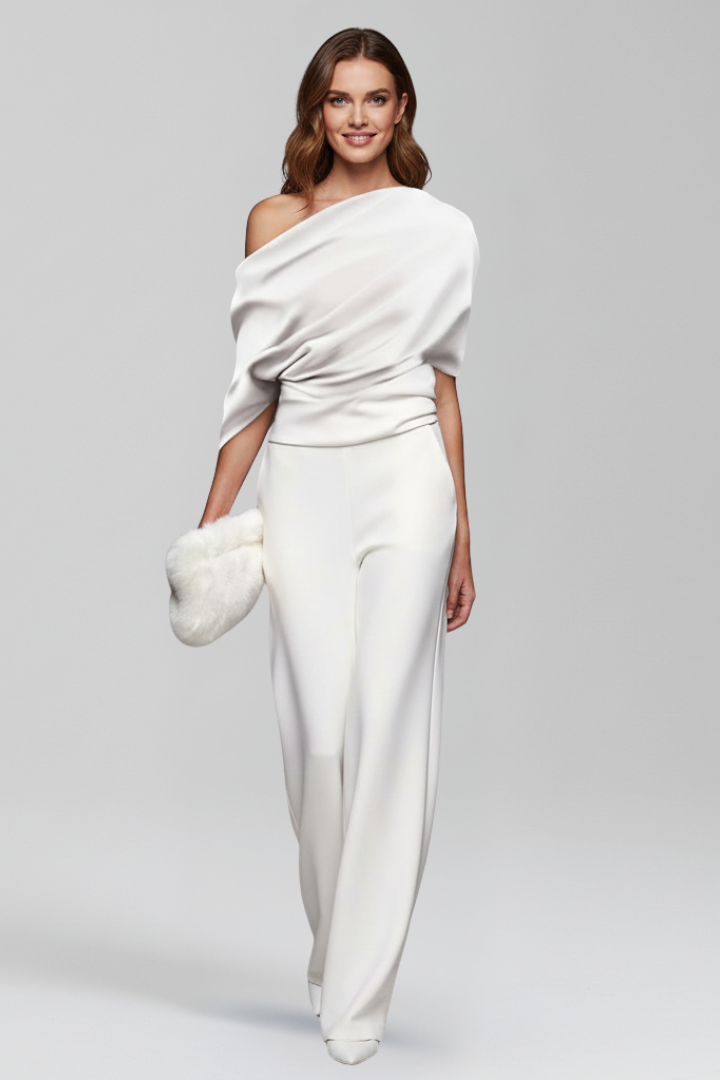 Savina | Women's Jumpsuit with Asymmetric Neckline and Long Sleeves