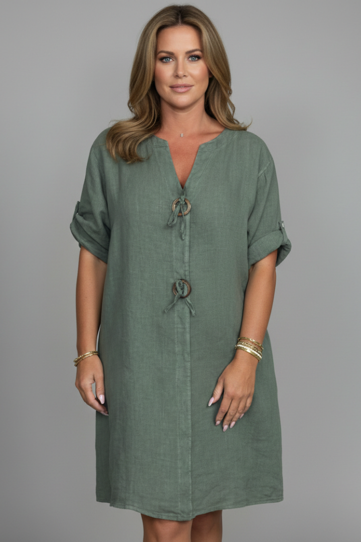 Melita | Women's Knee-Length Dress with Short Sleeves and Button Front