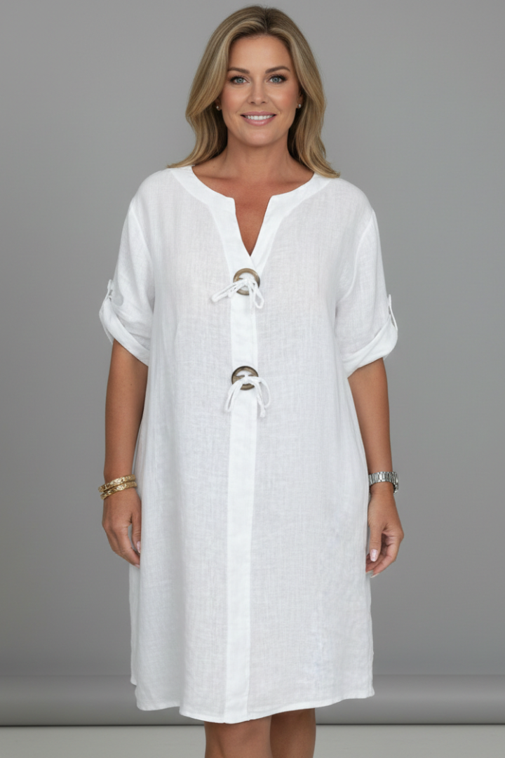 Melita | Women's Knee-Length Dress with Short Sleeves and Button Front