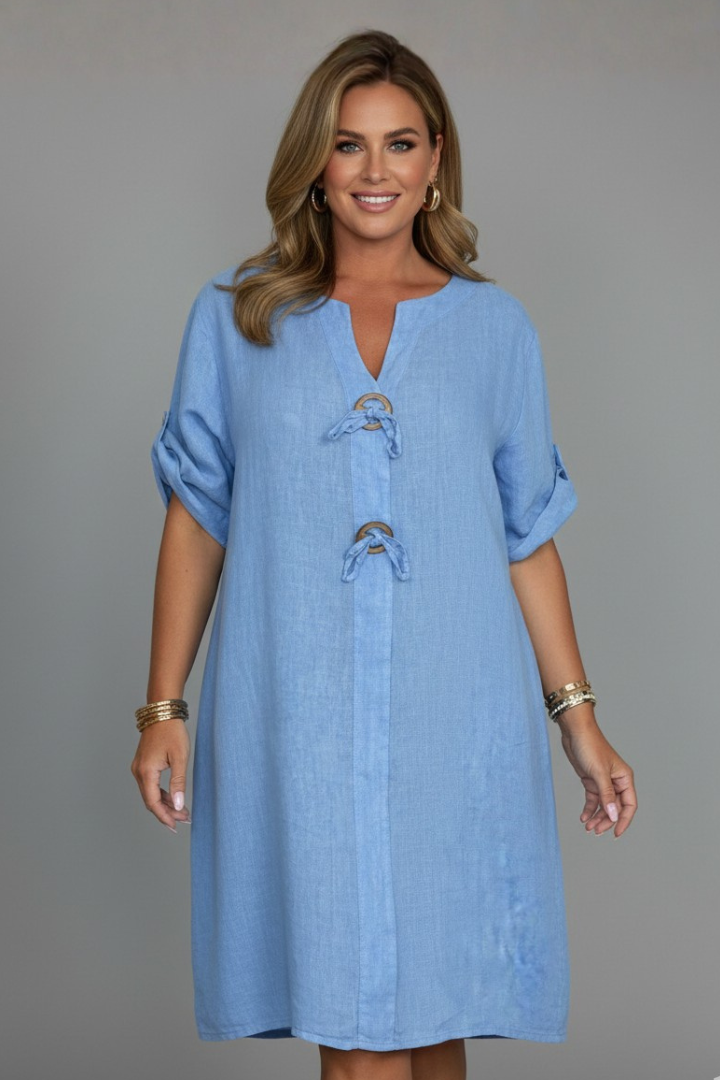 Melita | Women's Knee-Length Dress with Short Sleeves and Button Front