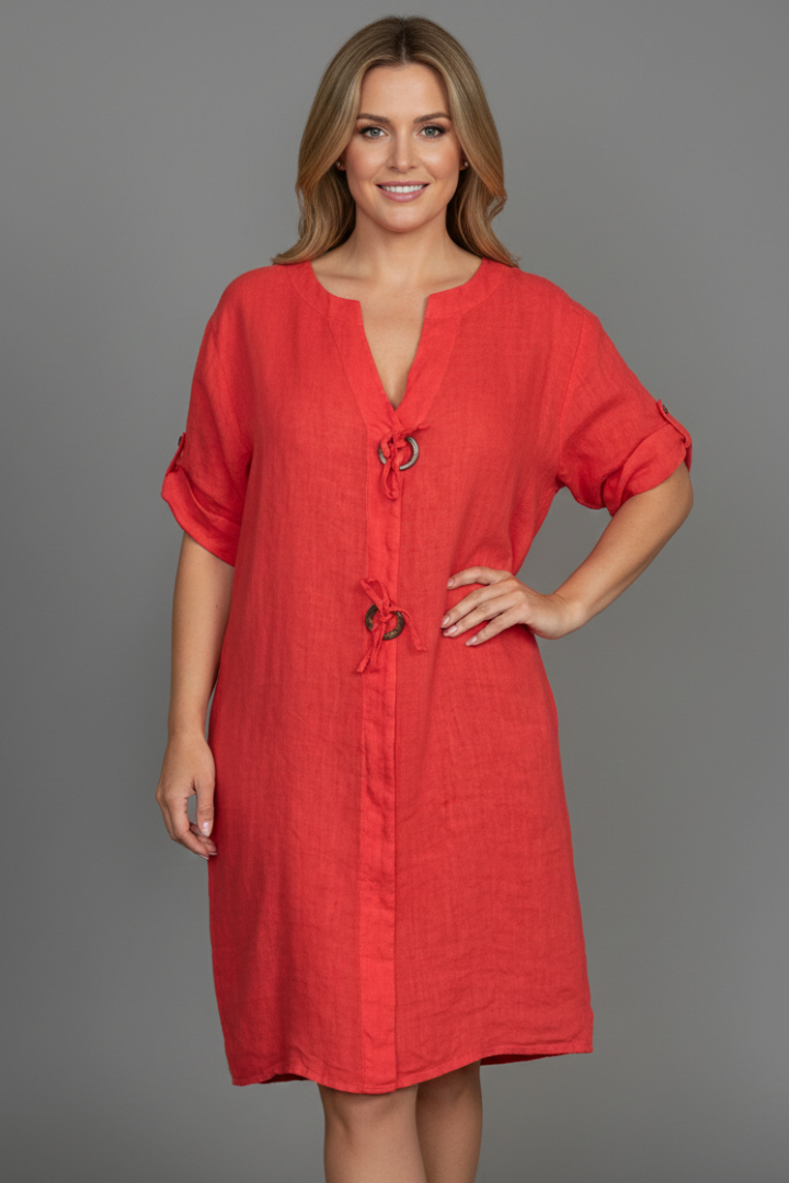 Melita | Women's Knee-Length Dress with Short Sleeves and Button Front
