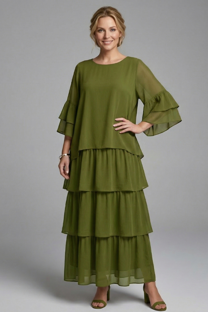 Sophronia | Women's Maxi Dress with Round Neck and Layered Skirt