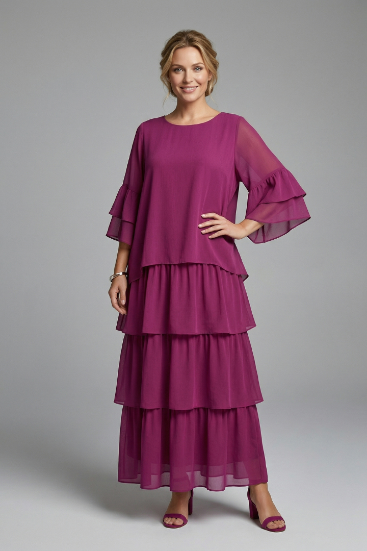 Sophronia | Women's Maxi Dress with Round Neck and Layered Skirt