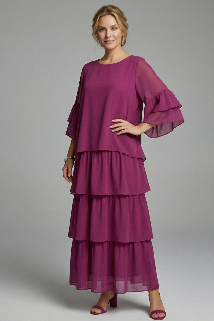Sophronia | Women's Maxi Dress with Round Neck and Layered Skirt