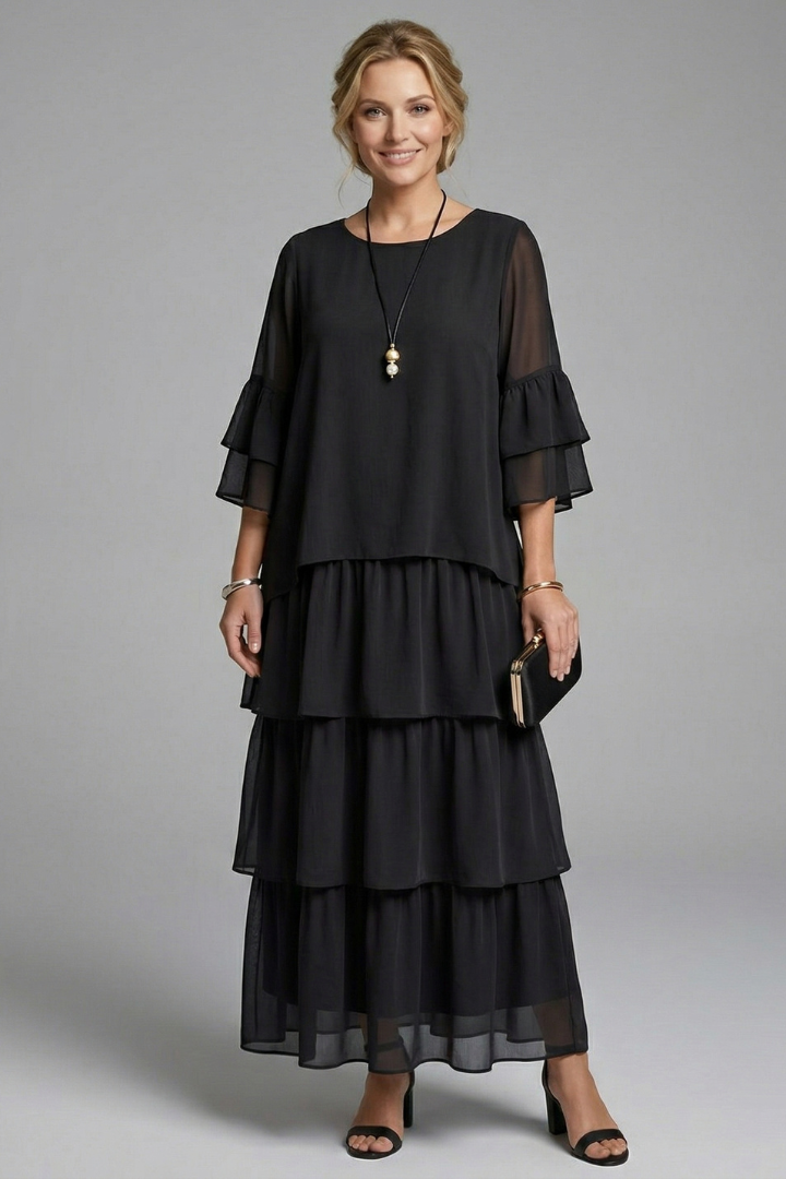 Sophronia | Women's Maxi Dress with Round Neck and Layered Skirt