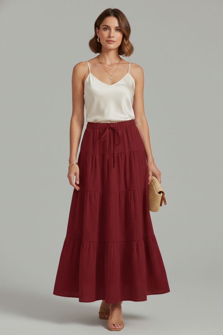 Fedora | Women's Maxi Skirt with Elastic Waist and Tiered Panels