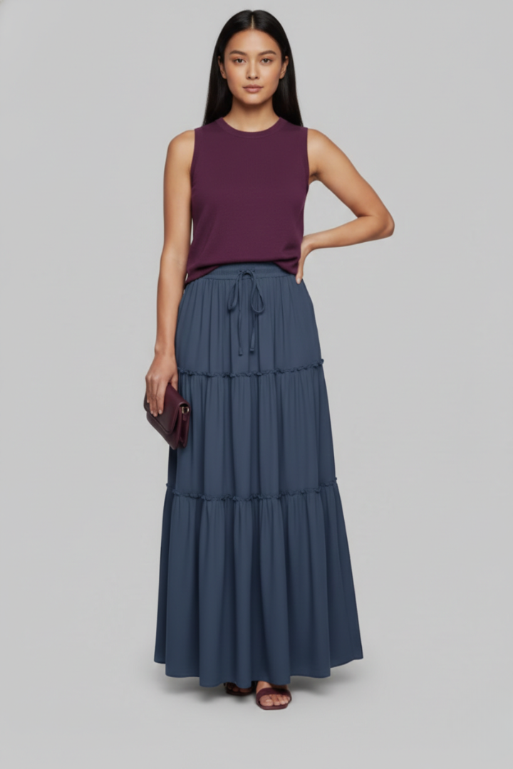 Fedora | Women's Maxi Skirt with Elastic Waist and Tiered Panels