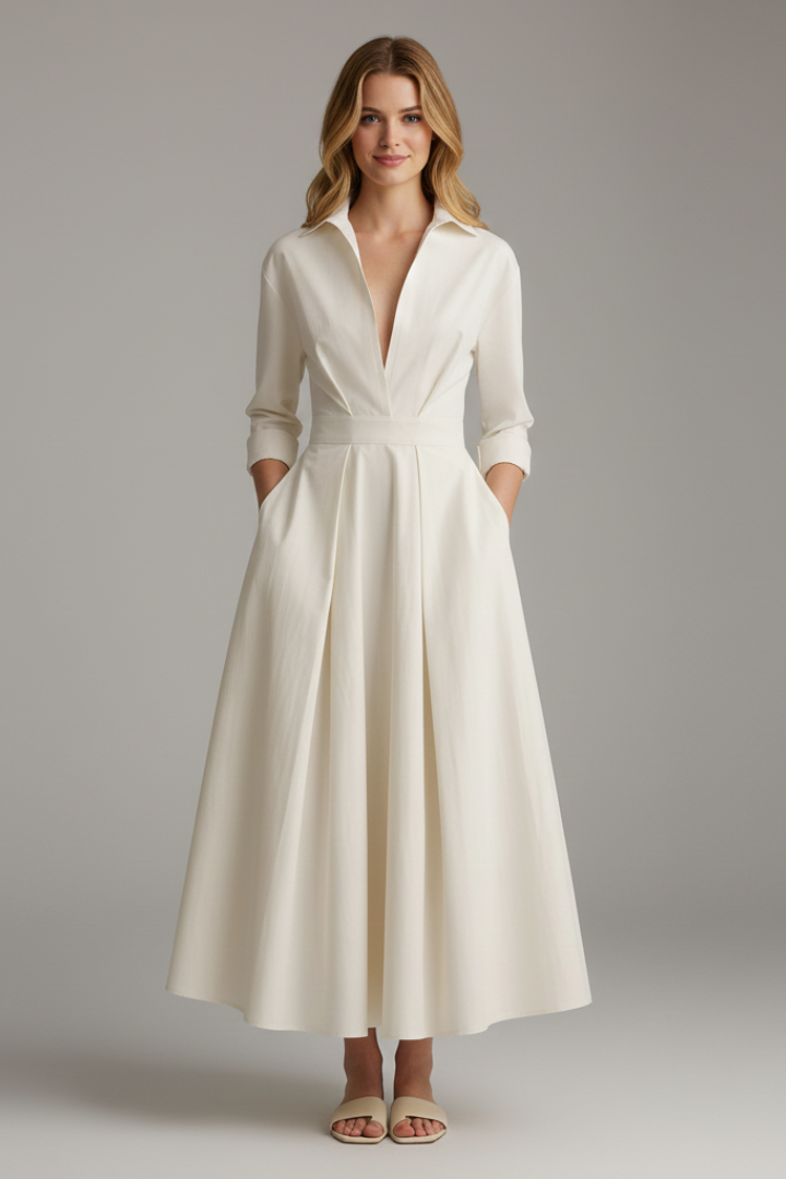 Esmeralda | Women's Collared Midi Dress with Three-Quarter Sleeves and Defined Waist - image 2
