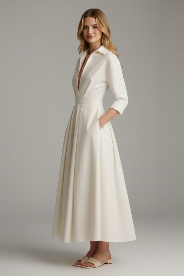 Esmeralda | Women's Collared Midi Dress with Three-Quarter Sleeves and Defined Waist - image 3