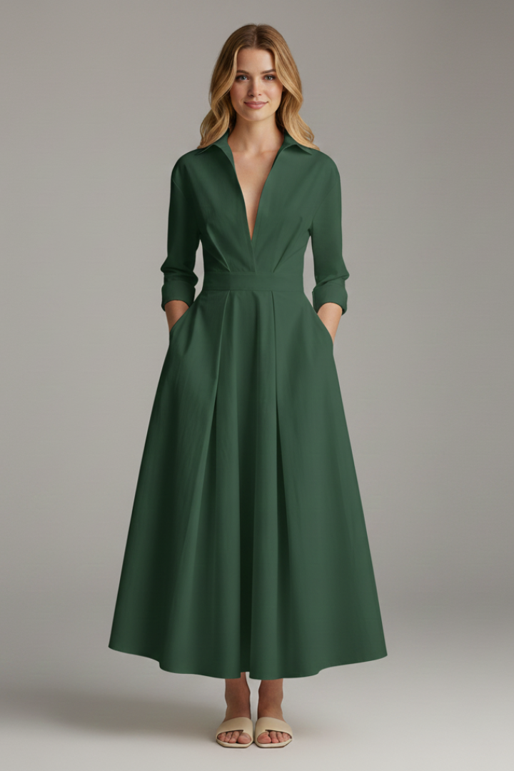 Esmeralda | Women's Collared Midi Dress with Three-Quarter Sleeves and Defined Waist - image 7