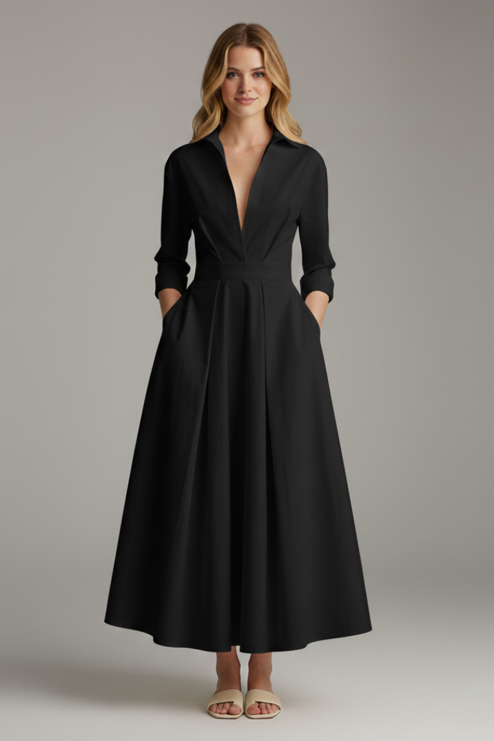 Esmeralda | Women's Collared Midi Dress with Three-Quarter Sleeves and Defined Waist - image 6