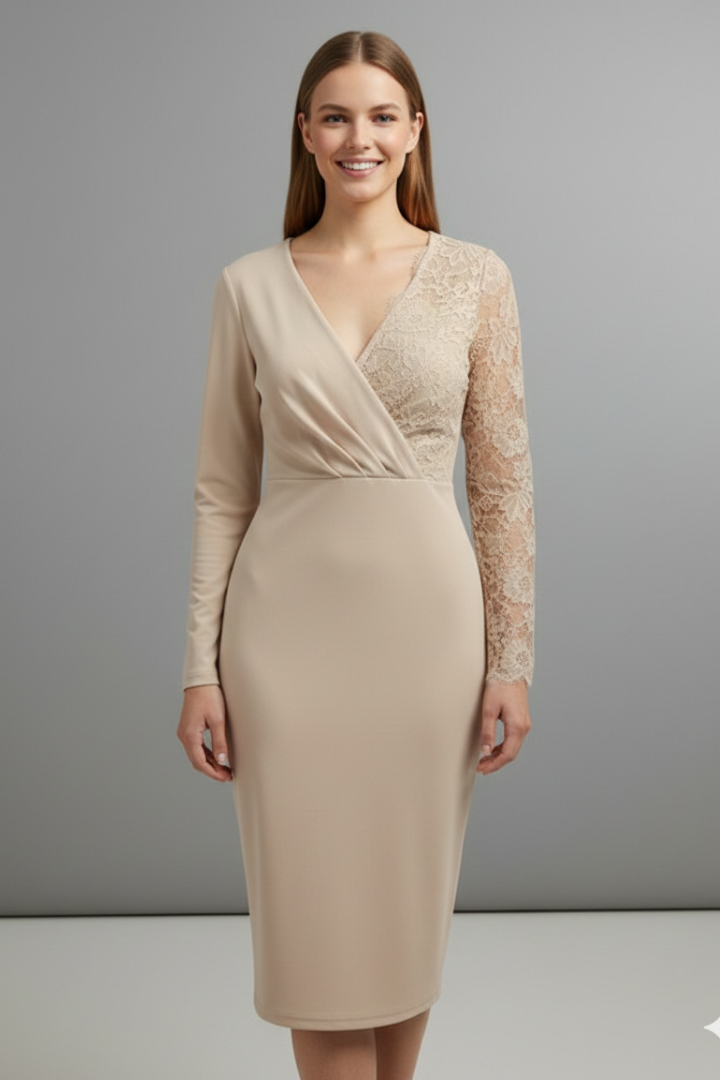 Nova | Women's Midi Dress with Lace Sleeves and V Neckline