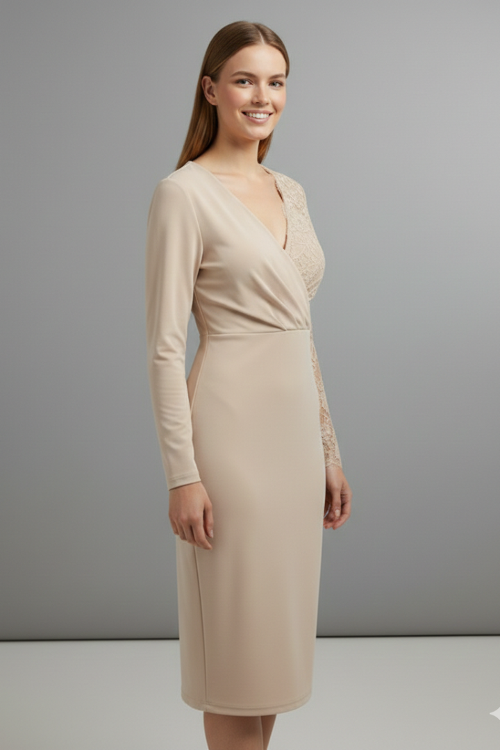Nova | Women's Midi Dress with Lace Sleeves and V Neckline