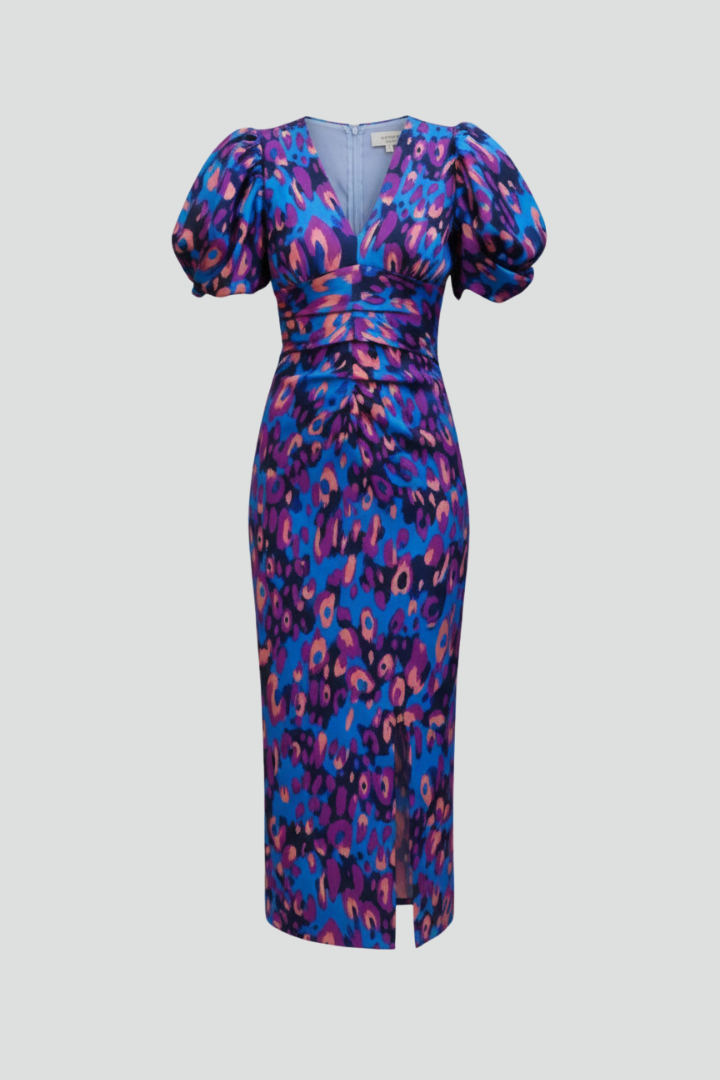 Mirabelle | Women's Printed Midi Dress with V-Neck, Puff Sleeves and Ruched Waist - image 1